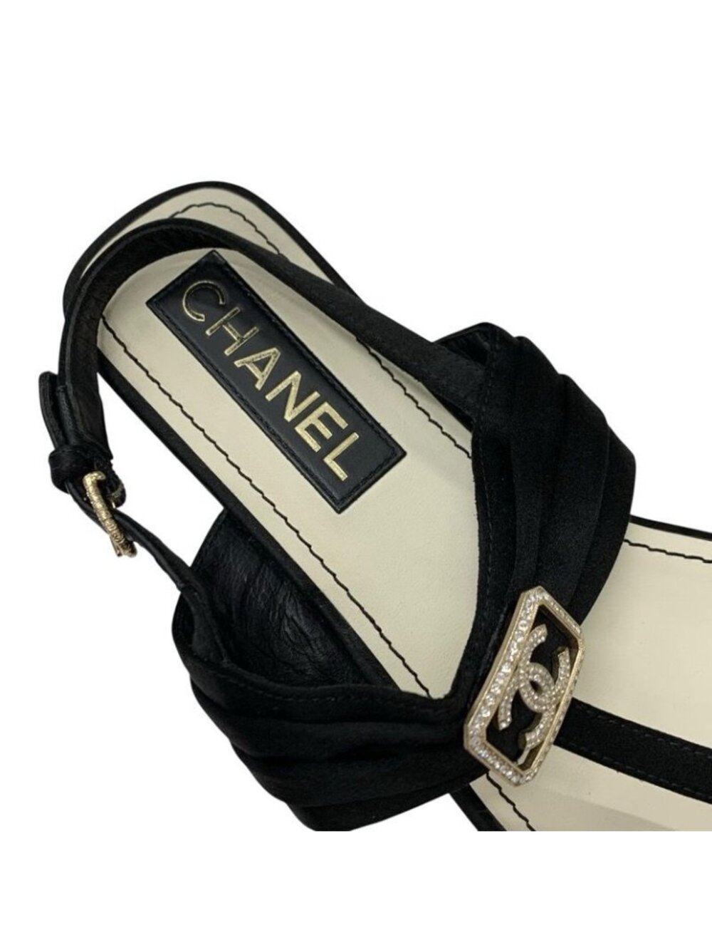 Chanel Sandals Shoes Satin Black Gold Coco Mark Rhinestone Thong Flat - Picture 7 of 10